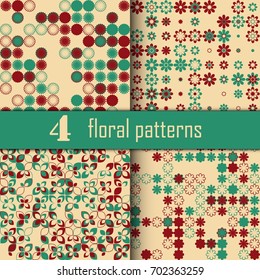 Set of four seamless floral pattern with colored elements, vector abstract background, colorful floral background