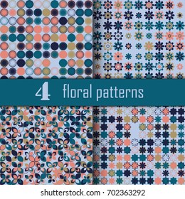 Set of four seamless floral pattern with colored elements, vector abstract background, colorful floral background