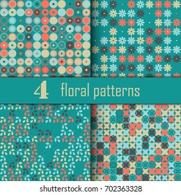 Set of four seamless floral pattern with colored elements, vector abstract background, colorful floral background