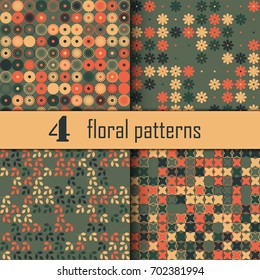 Set of four seamless floral pattern with colored elements, vector abstract background, colorful floral background