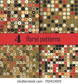 Set of four seamless floral pattern with colored elements, vector abstract background, colorful floral background