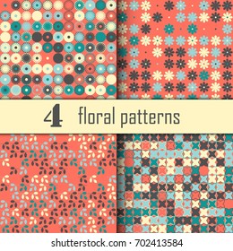 Set of four seamless floral pattern with colored elements, vector abstract background, colorful floral background