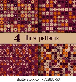 Set of four seamless floral pattern with colored elements, vector abstract background, colorful floral background