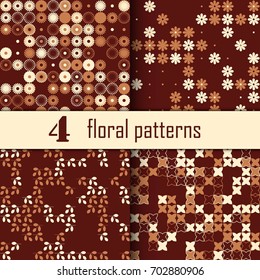 Set of four seamless floral pattern with colored elements, vector abstract background, colorful floral background