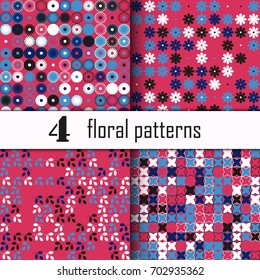 Set of four seamless floral pattern with colored elements, vector abstract background, colorful floral background
