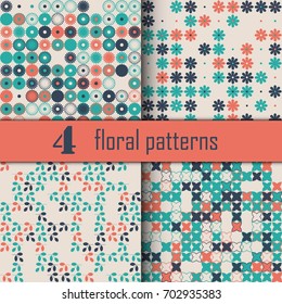Set of four seamless floral pattern with colored elements, vector abstract background, colorful floral background