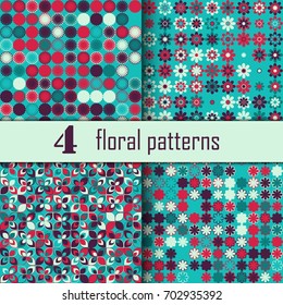 Set of four seamless floral pattern with colored elements, vector abstract background, colorful floral background