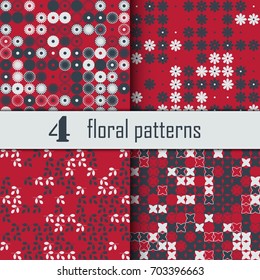 Set of four seamless floral pattern with colored elements, vector abstract background, colorful floral background
