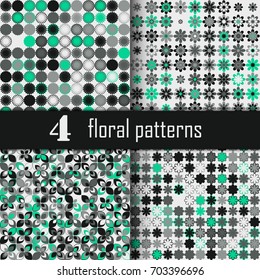 Set of four seamless floral pattern with colored elements, vector abstract background, colorful floral background