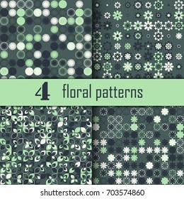 Set of four seamless floral pattern with colored elements, vector abstract background, colorful floral background