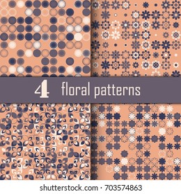 Set of four seamless floral pattern with colored elements, vector abstract background, colorful floral background