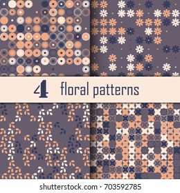 Set of four seamless floral pattern with colored elements, vector abstract background, colorful floral background