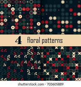 Set of four seamless floral pattern with colored elements, vector abstract background, colorful floral background