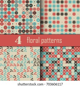 Set of four seamless floral pattern with colored elements, vector abstract background, colorful floral background