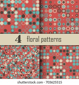 Set of four seamless floral pattern with colored elements, vector abstract background, colorful floral background