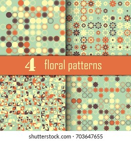 Set of four seamless floral pattern with colored elements, vector abstract background, colorful floral background