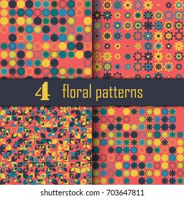 Set of four seamless floral pattern with colored elements, vector abstract background, colorful floral background