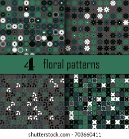 Set of four seamless floral pattern with colored elements, vector abstract background, colorful floral background