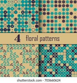 Set of four seamless floral pattern with colored elements, vector abstract background, colorful floral background