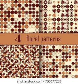 Set of four seamless floral pattern with colored elements, vector abstract background, colorful floral background