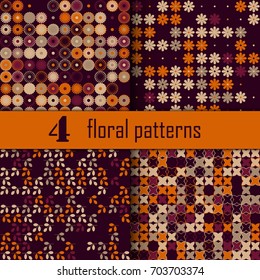 Set of four seamless floral pattern with colored elements, vector abstract background, colorful floral background
