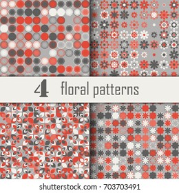 Set of four seamless floral pattern with colored elements, vector abstract background, colorful floral background