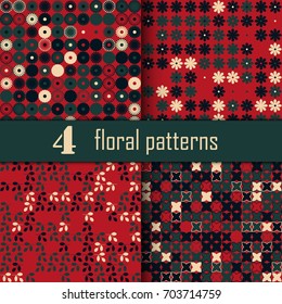 Set of four seamless floral pattern with colored elements, vector abstract background, colorful floral background