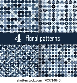 Set of four seamless floral pattern with colored elements, vector abstract background, colorful floral background