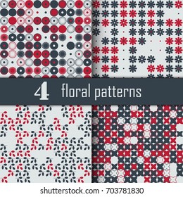 Set of four seamless floral pattern with colored elements, vector abstract background, colorful floral background
