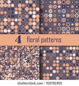 Set of four seamless floral pattern with colored elements, vector abstract background, colorful floral background