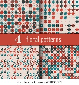 Set of four seamless floral pattern with colored elements, vector abstract background, colorful floral background