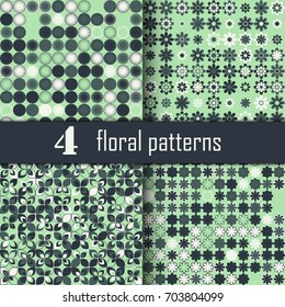 Set of four seamless floral pattern with colored elements, vector abstract background, colorful floral background