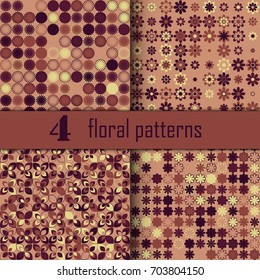 Set of four seamless floral pattern with colored elements, vector abstract background, colorful floral background
