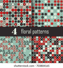 Set of four seamless floral pattern with colored elements, vector abstract background, colorful floral background