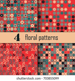 Set of four seamless floral pattern with colored elements, vector abstract background, colorful floral background