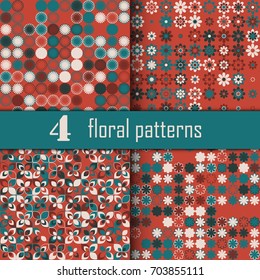 Set of four seamless floral pattern with colored elements, vector abstract background, colorful floral background