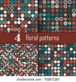 Set of four seamless floral pattern with colored elements, vector abstract background, colorful floral background