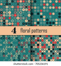 Set of four seamless floral pattern with colored elements, vector abstract background, colorful floral background