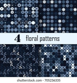Set of four seamless floral pattern with colored elements, vector abstract background, colorful floral background