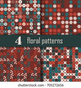 Set of four seamless floral pattern with colored elements, vector abstract background, colorful floral background