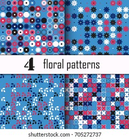 Set of four seamless floral pattern with colored elements, vector abstract background, colorful floral background