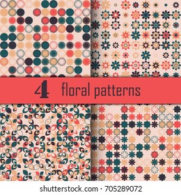 Set of four seamless floral pattern with colored elements, vector abstract background, colorful floral background