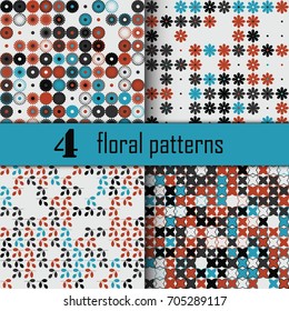 Set of four seamless floral pattern with colored elements, vector abstract background, colorful floral background