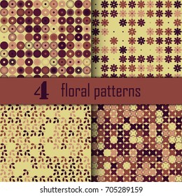 Set of four seamless floral pattern with colored elements, vector abstract background, colorful floral background