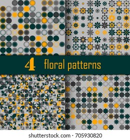 Set of four seamless floral pattern with colored elements, vector abstract background, colorful floral background