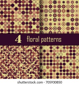 Set of four seamless floral pattern with colored elements, vector abstract background, colorful floral background