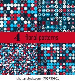 Set of four seamless floral pattern with colored elements, vector abstract background, colorful floral background