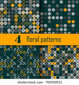 Set of four seamless floral pattern with colored elements, vector abstract background, colorful floral background