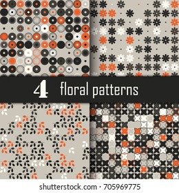 Set of four seamless floral pattern with colored elements, vector abstract background, colorful floral background