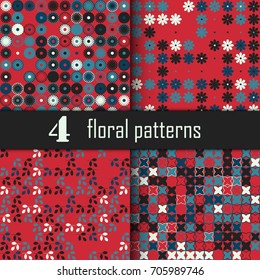 Set of four seamless floral pattern with colored elements, vector abstract background, colorful floral background